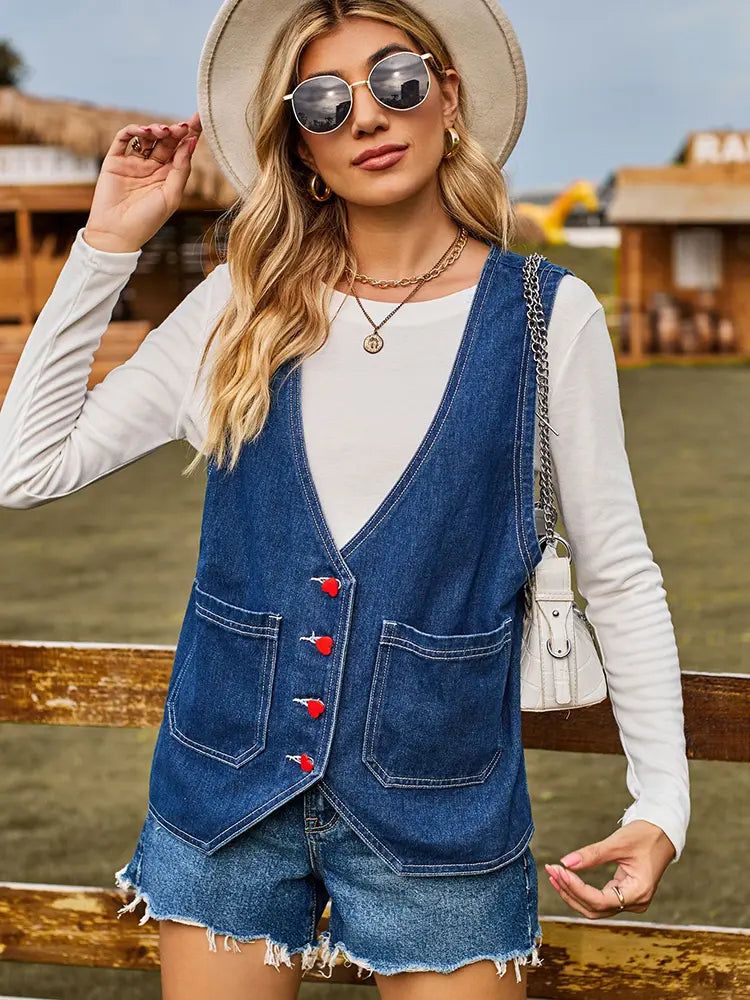 Trendy Denim Vest with Heart Buttons