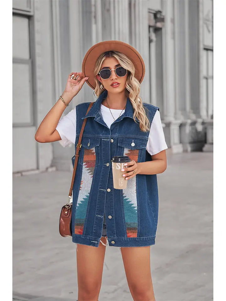 Retro Geometric Patchwork Denim Vest