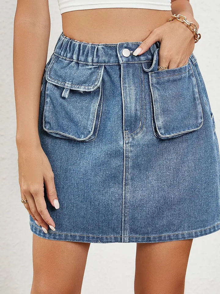 Washed Elastic Waist Denim Skirt