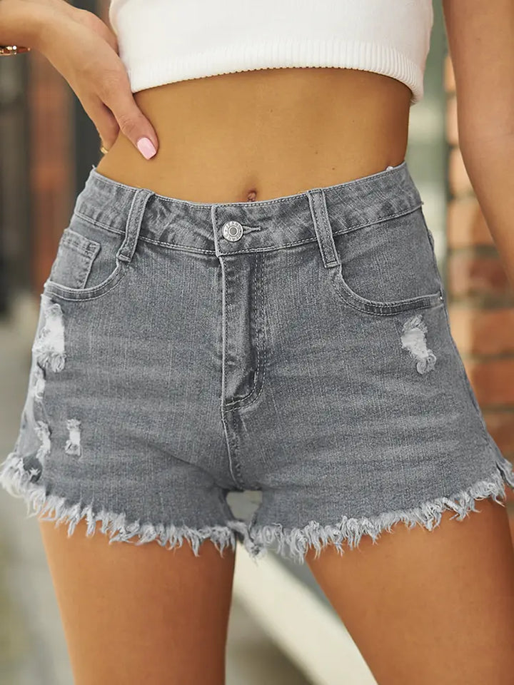 Frayed Hem Ripped Stretch Denim Shorts