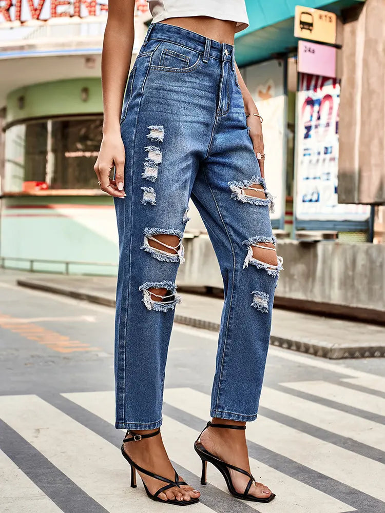 Versatile Washed Ripped Straight-Leg Cropped Jeans