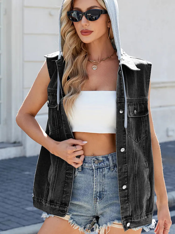 Trendy Casual Hooded Denim Vest Jacket