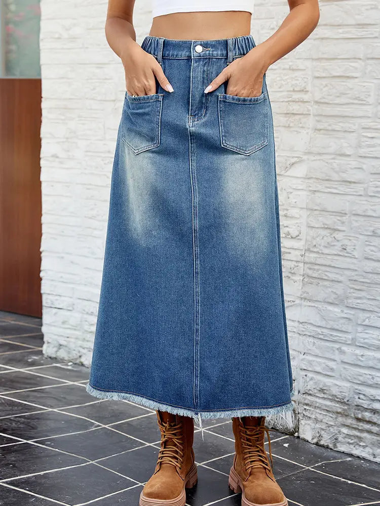 Washed Frayed Hem Denim Skirt