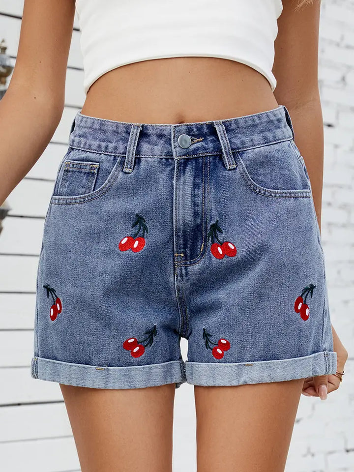 Embroidered Cherry Denim Shorts