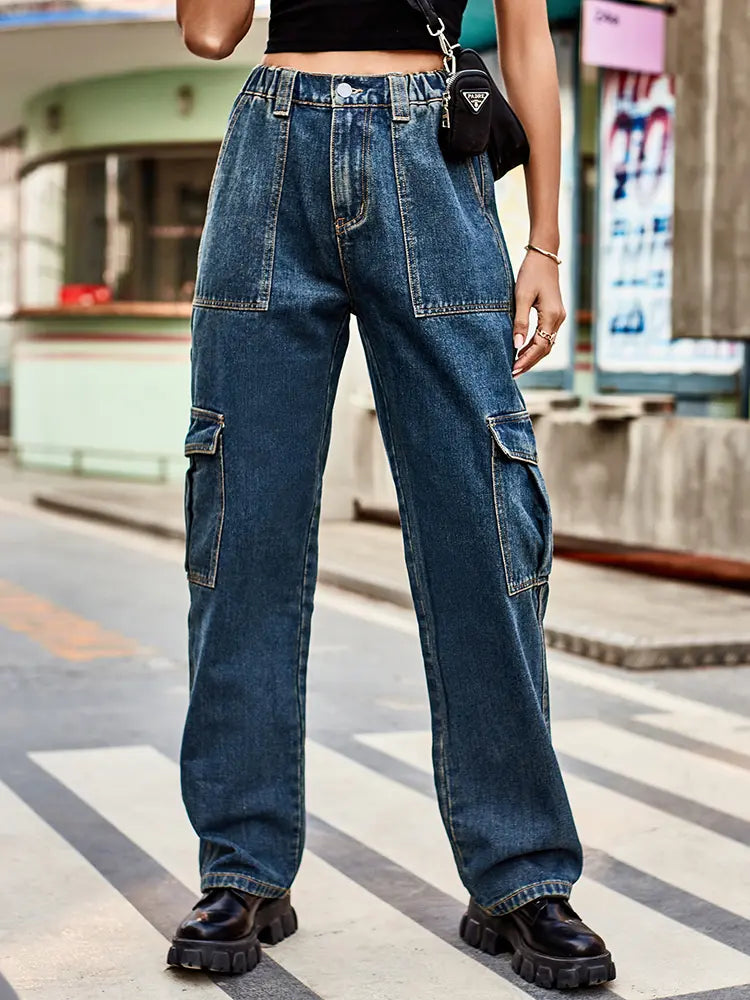 Retro Wash Elastic Waist Denim Utility Pants