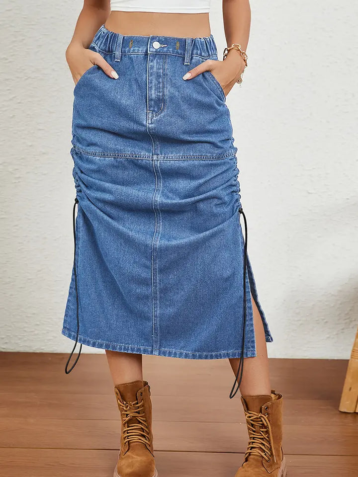 Relaxed Drawstring Denim Midi Skirt