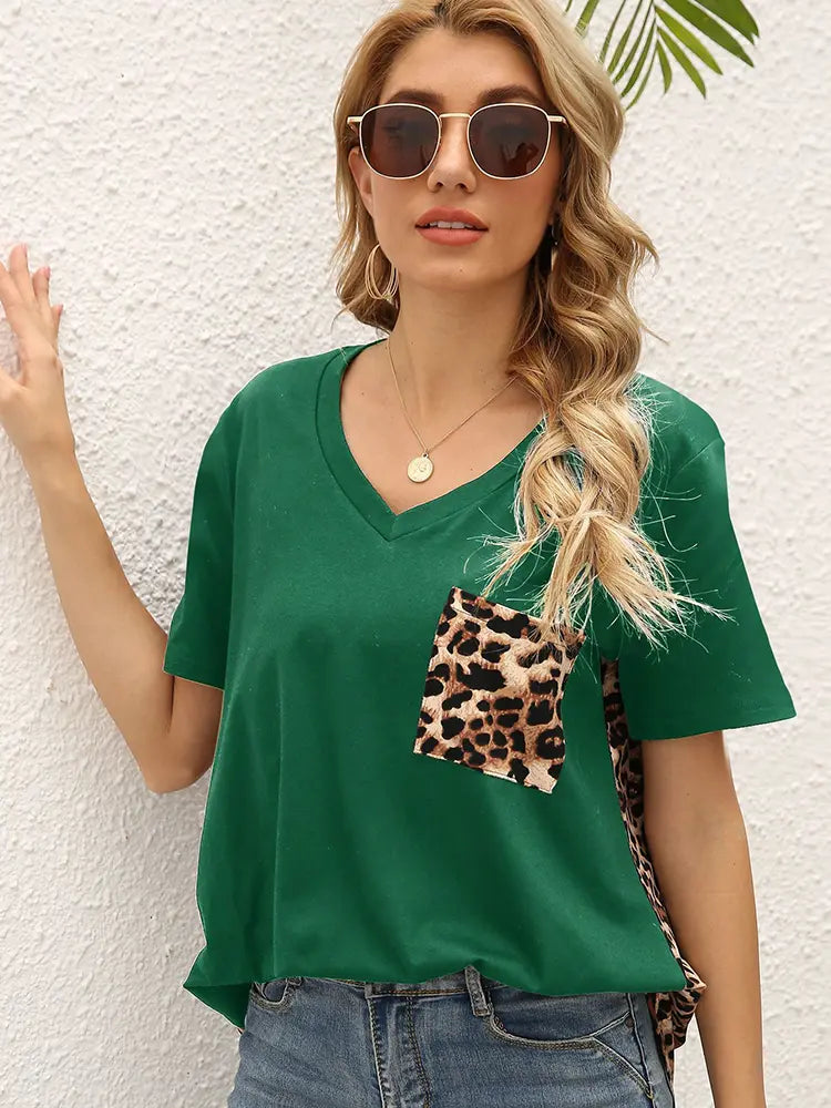 Loose-Fit Leopard Print Patchwork T-Shirt