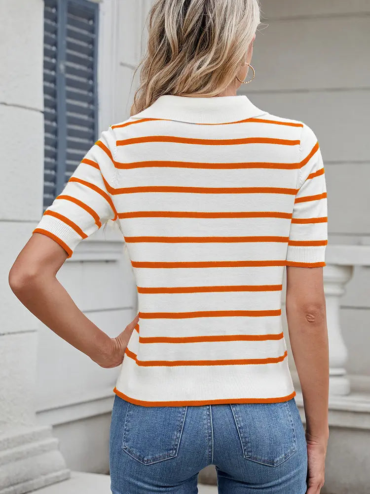 Striped Knit Polo Short-Sleeve Sweater