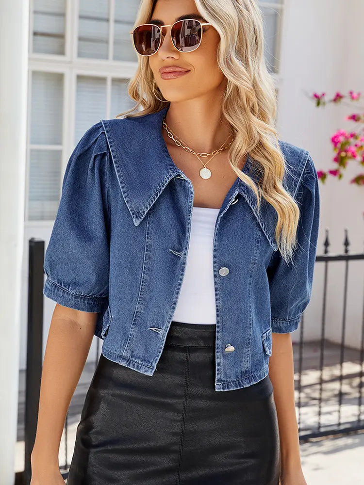 Navy Collar Washed Denim Jacket