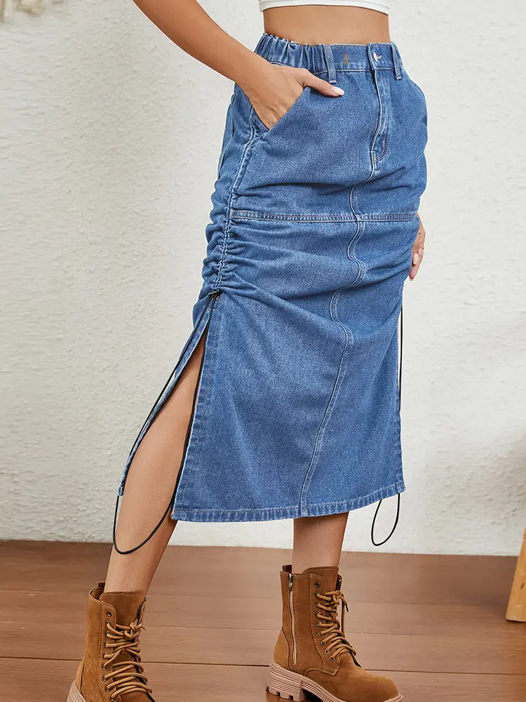 Relaxed Drawstring Denim Midi Skirt