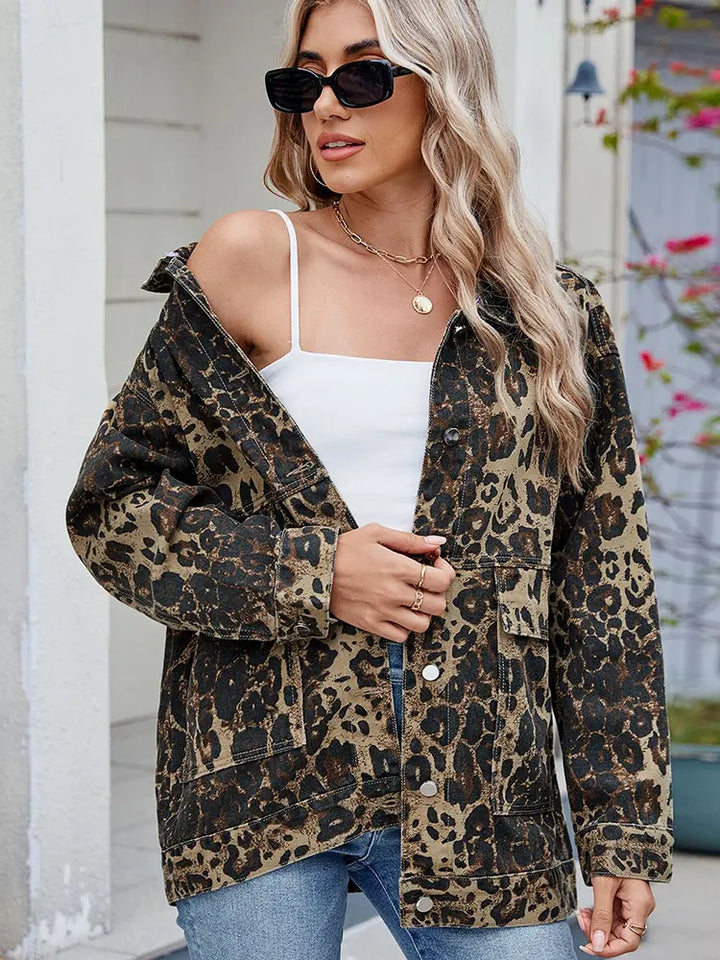 Spring Loose-Fit Leopard Print Denim Jacket