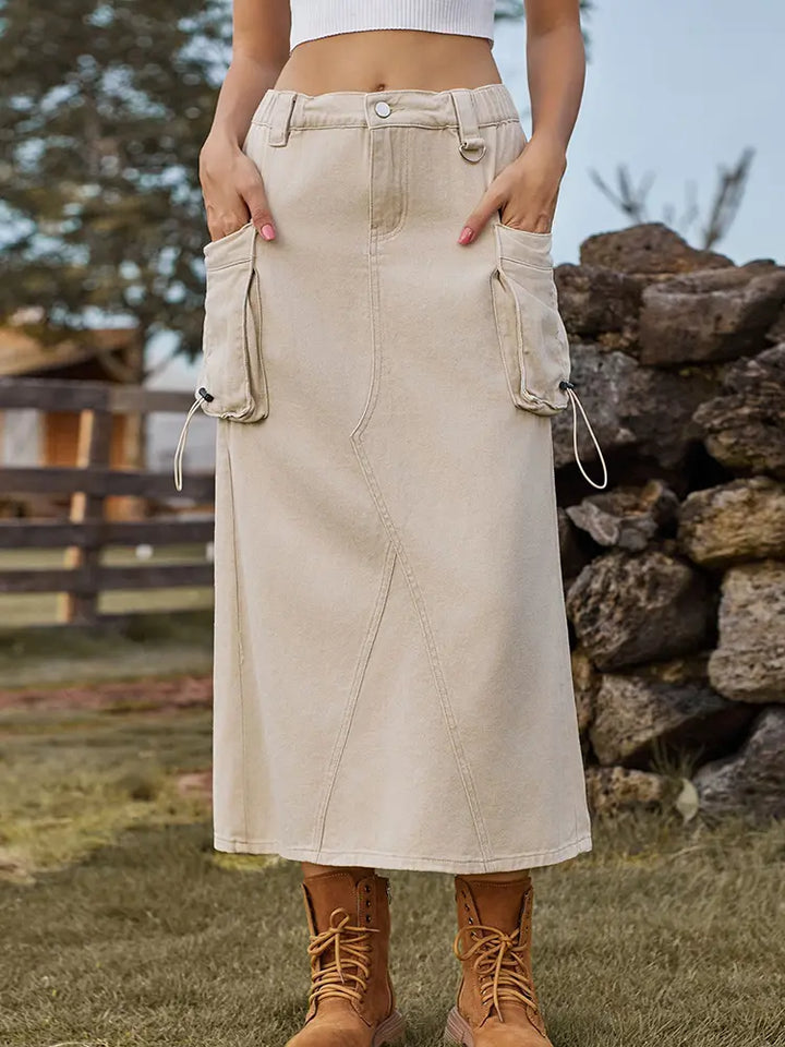 Vintage-Inspired Denim Cargo Midi Skirt