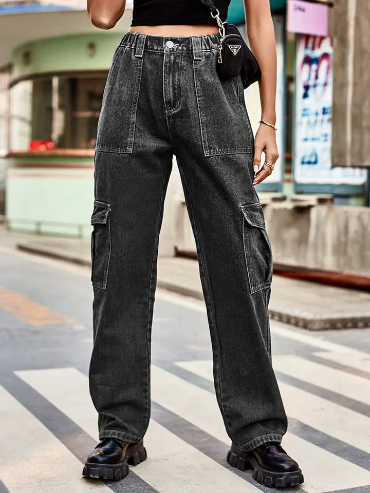 Retro Wash Elastic Waist Denim Utility Pants