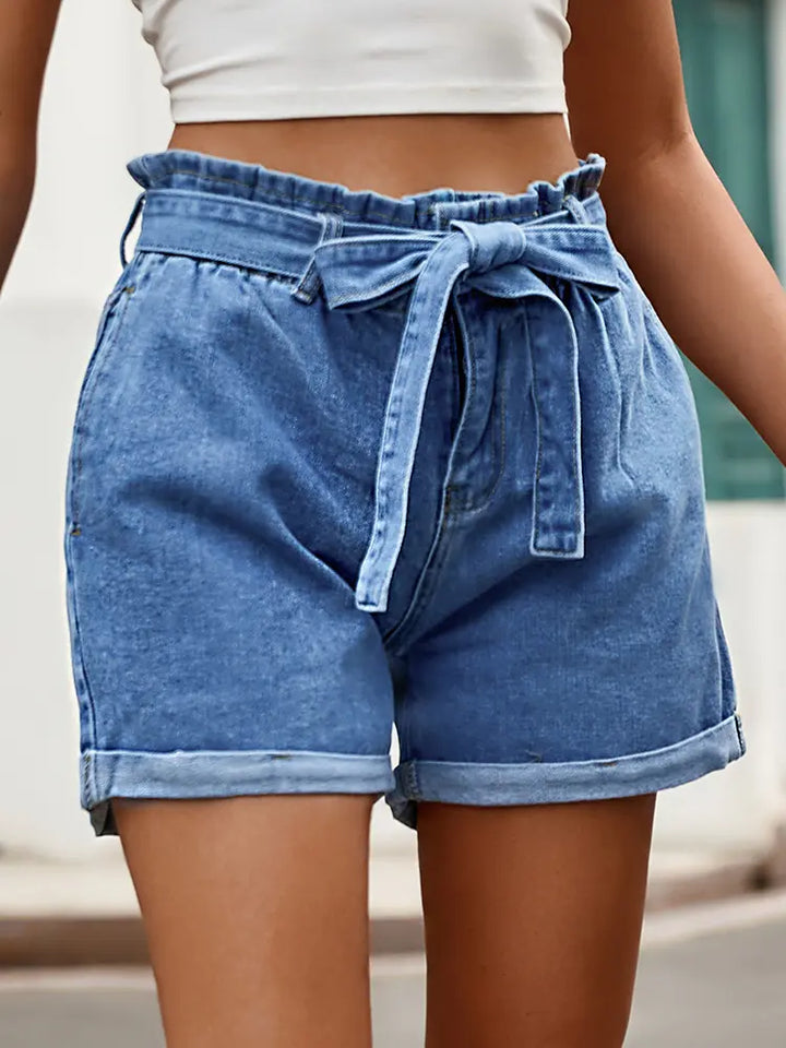 High-Waist Drawstring Denim Shorts with Bow