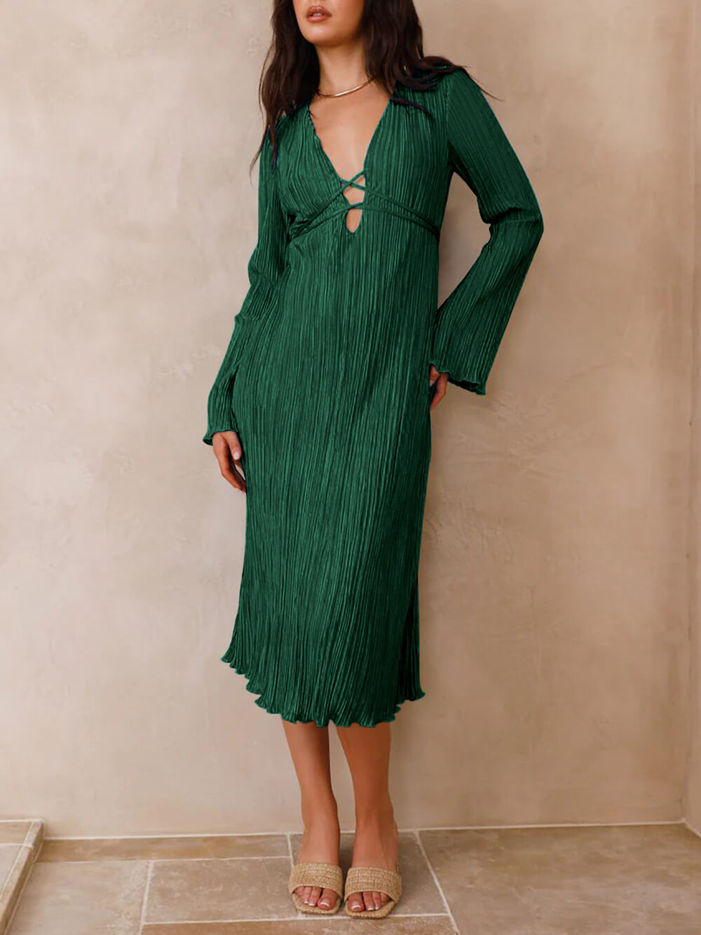 Mountain Vistas Draped Pleated Bell-Sleeve Midi Dress