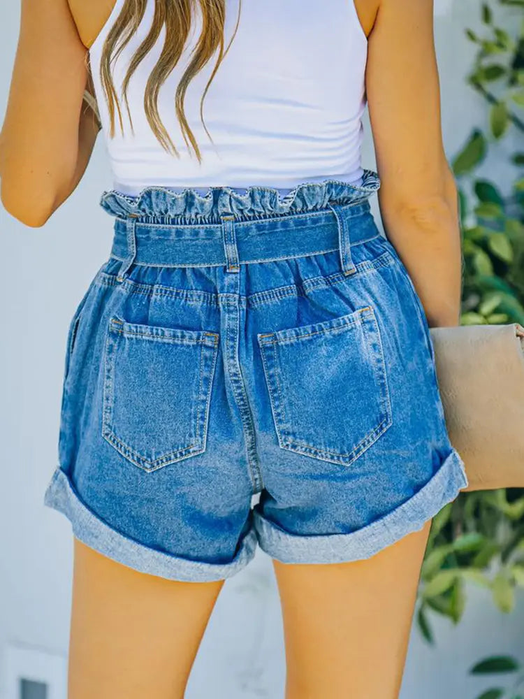 Elastic Waist Bow-Tie Slim-Fit Denim Shorts