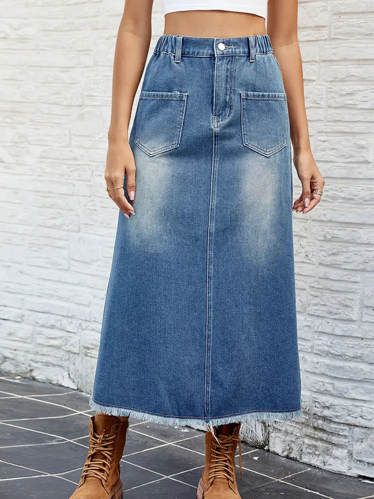 Washed Frayed Hem Denim Skirt