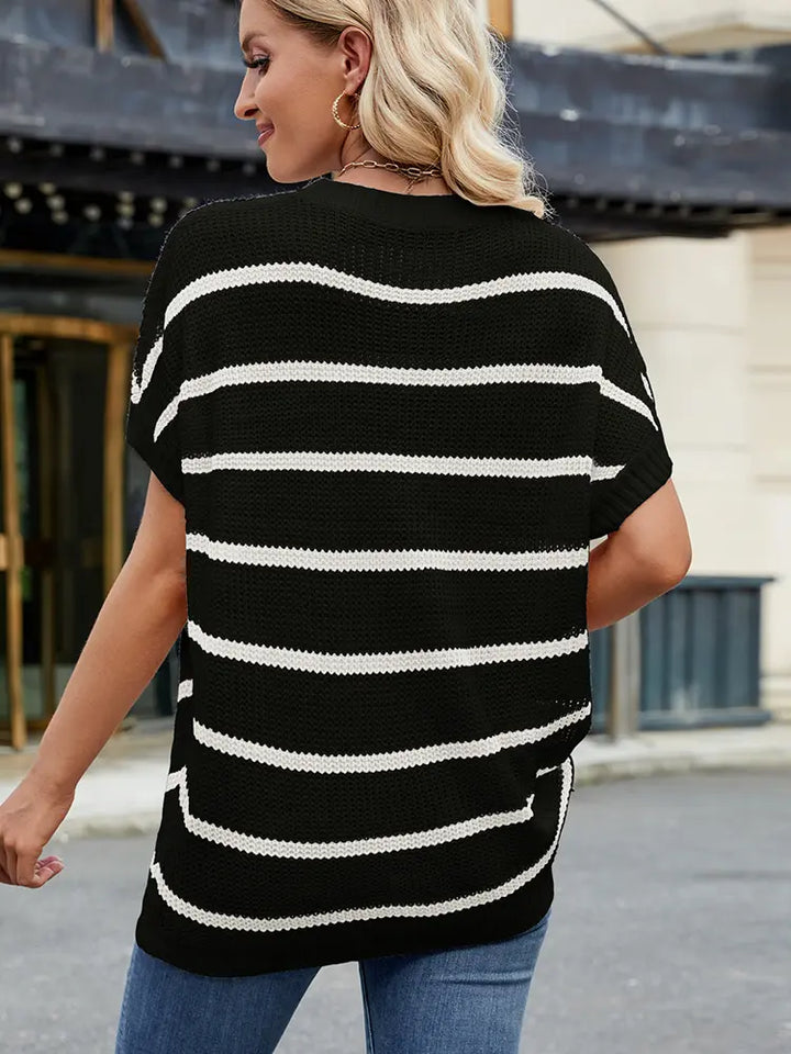 Trendy Striped Knit Sweater with Drop Shoulder