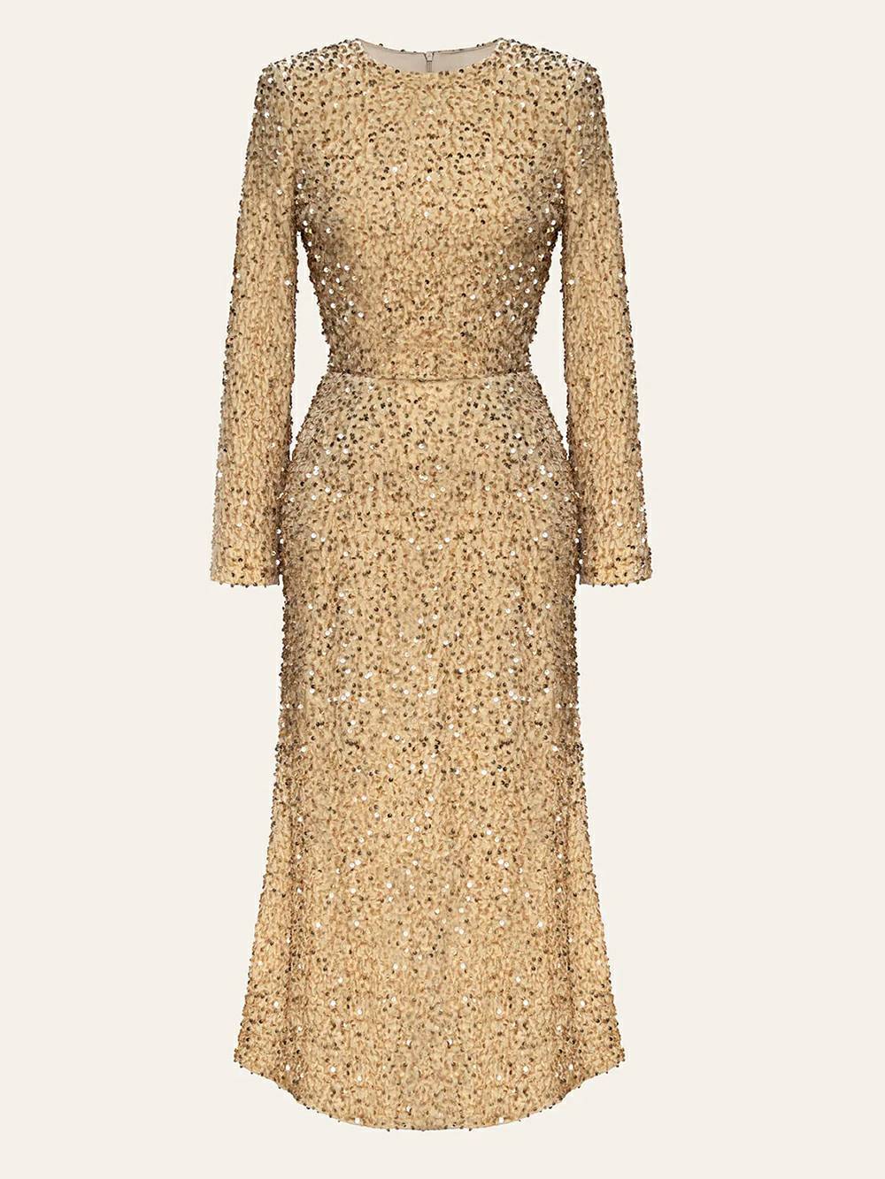 Sequin Decorated Velvet Midi Dress In Beige