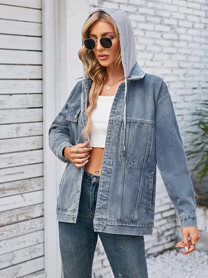 Loose Fit Mid-Length Hooded Denim Jacket