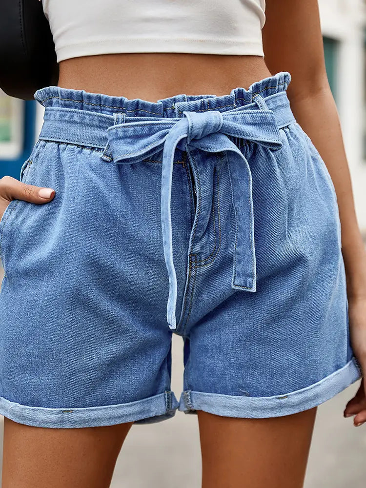 High-Waist Drawstring Denim Shorts with Bow