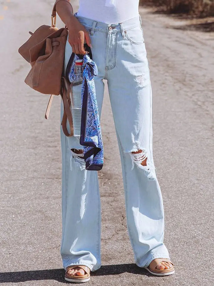 High-Waist Distressed Wide-Leg Jeans