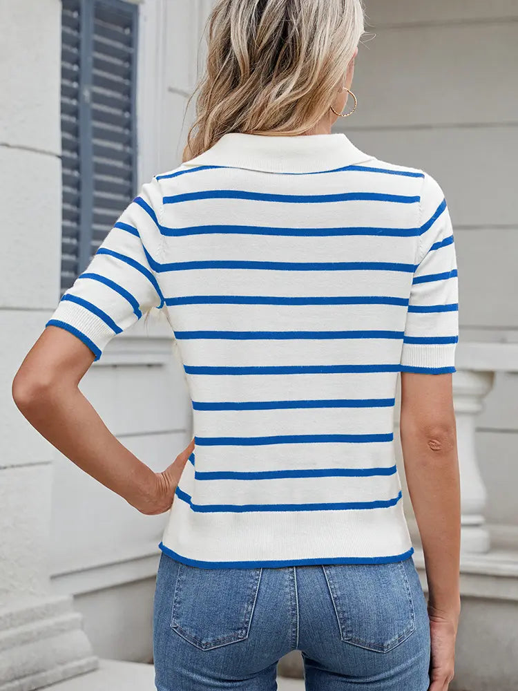 Striped Knit Polo Short-Sleeve Sweater