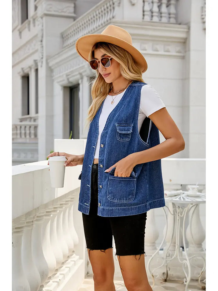 Multi-Pocket Washed Denim Vest