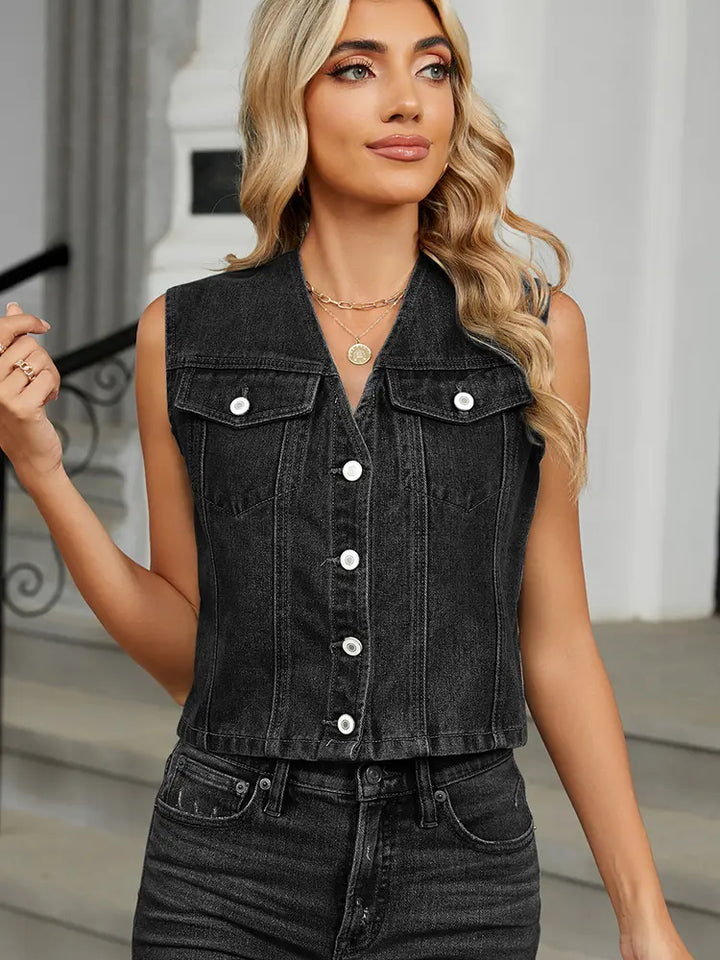 Slim Fit Button-Up Denim Vest Top