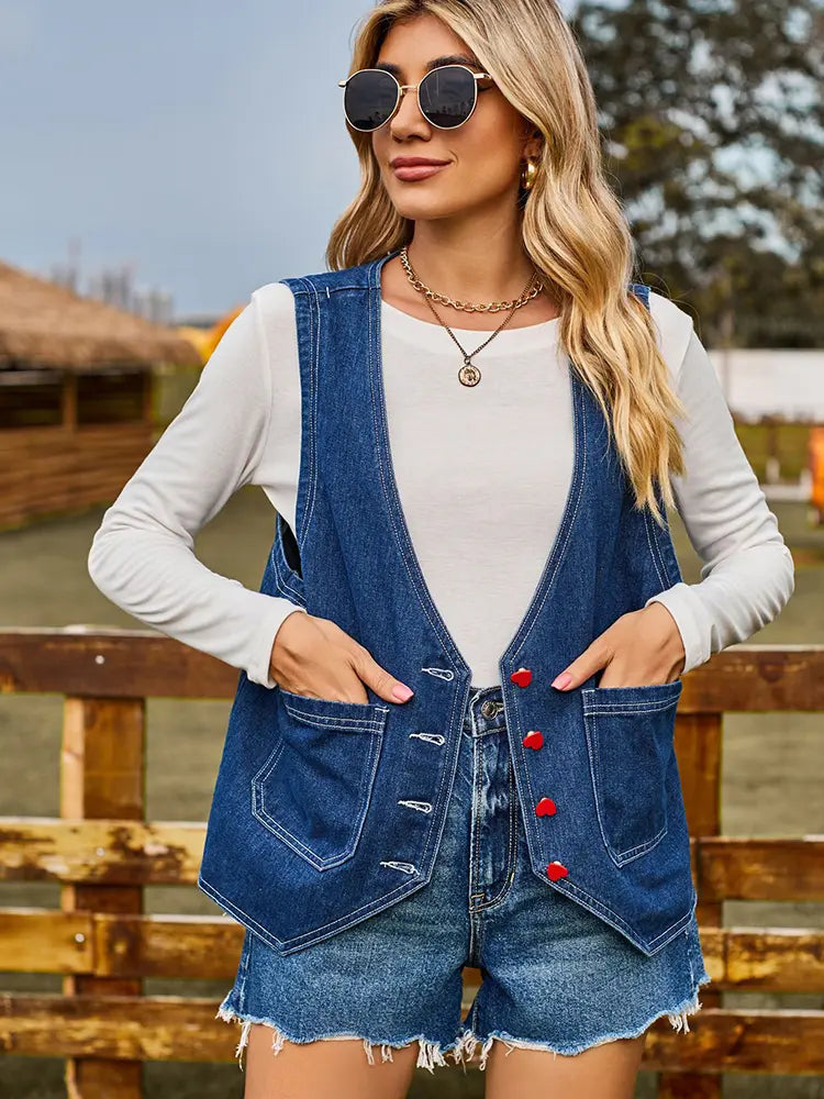 Trendy Denim Vest with Heart Buttons