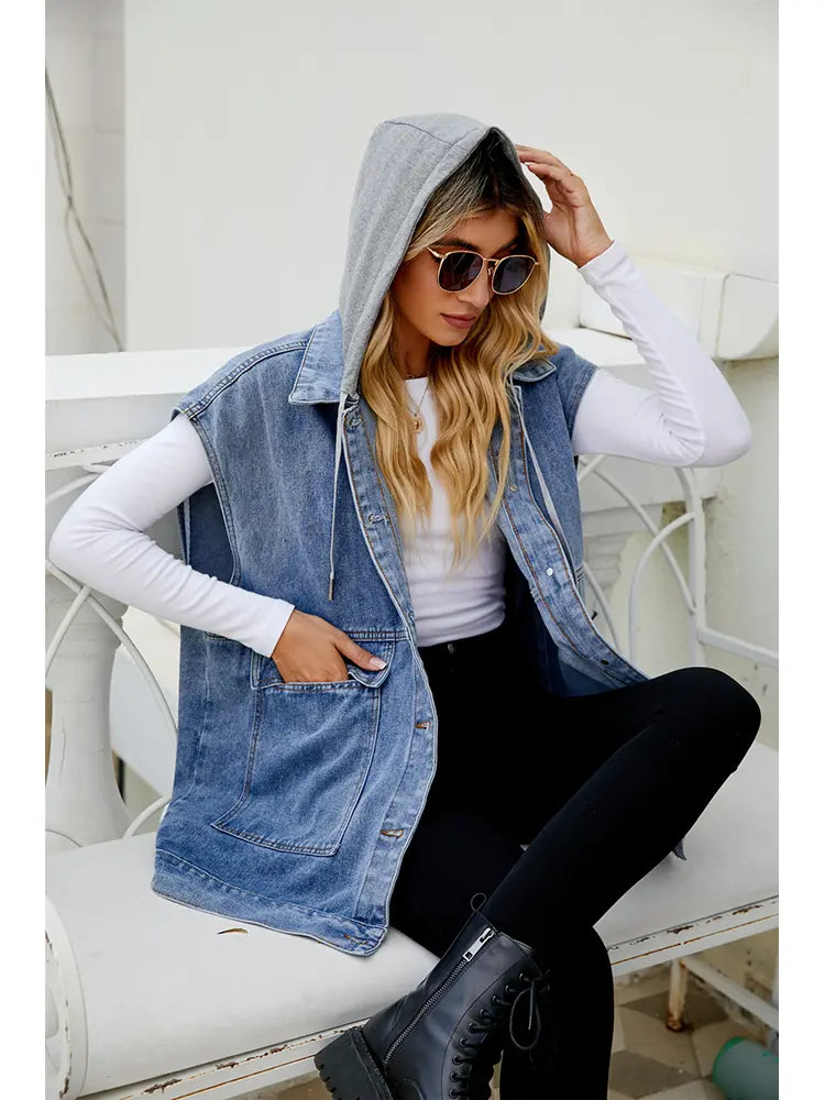 Detachable Hooded Denim Vest