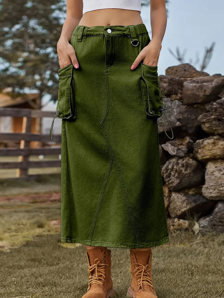 Vintage-Inspired Denim Cargo Midi Skirt