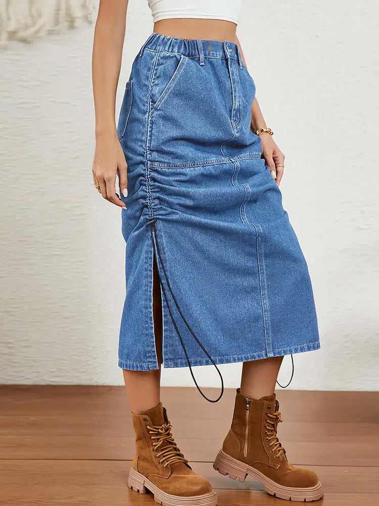 Relaxed Drawstring Denim Midi Skirt