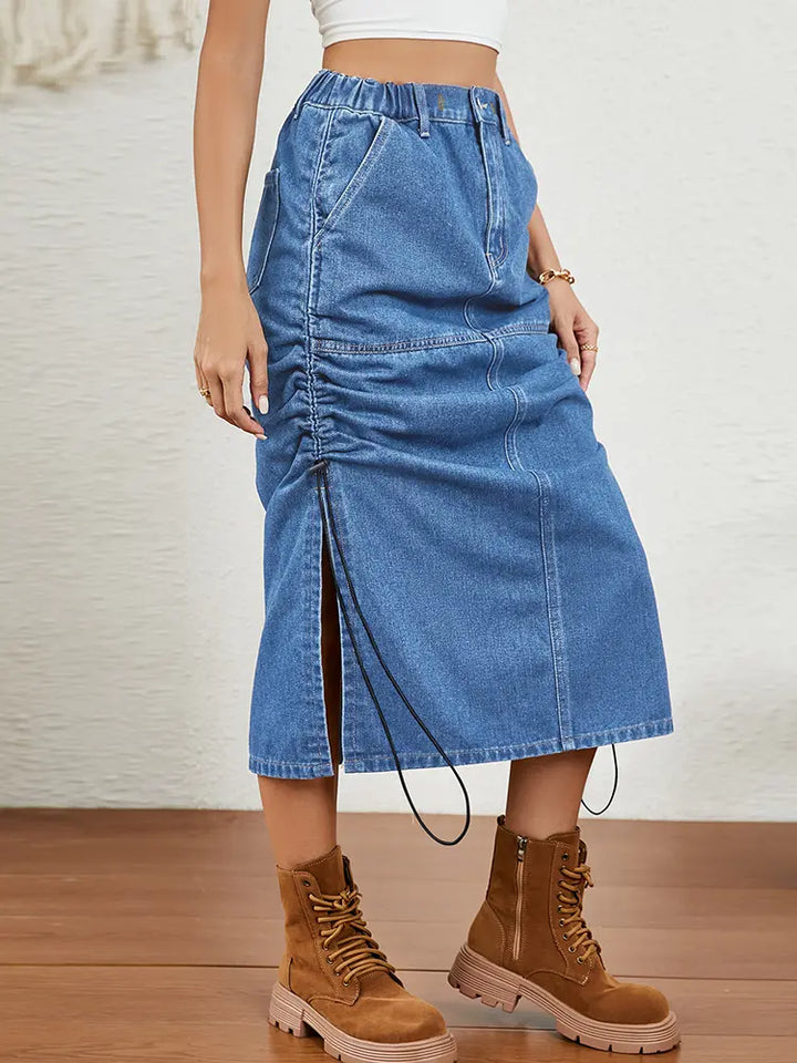 Relaxed Drawstring Denim Midi Skirt