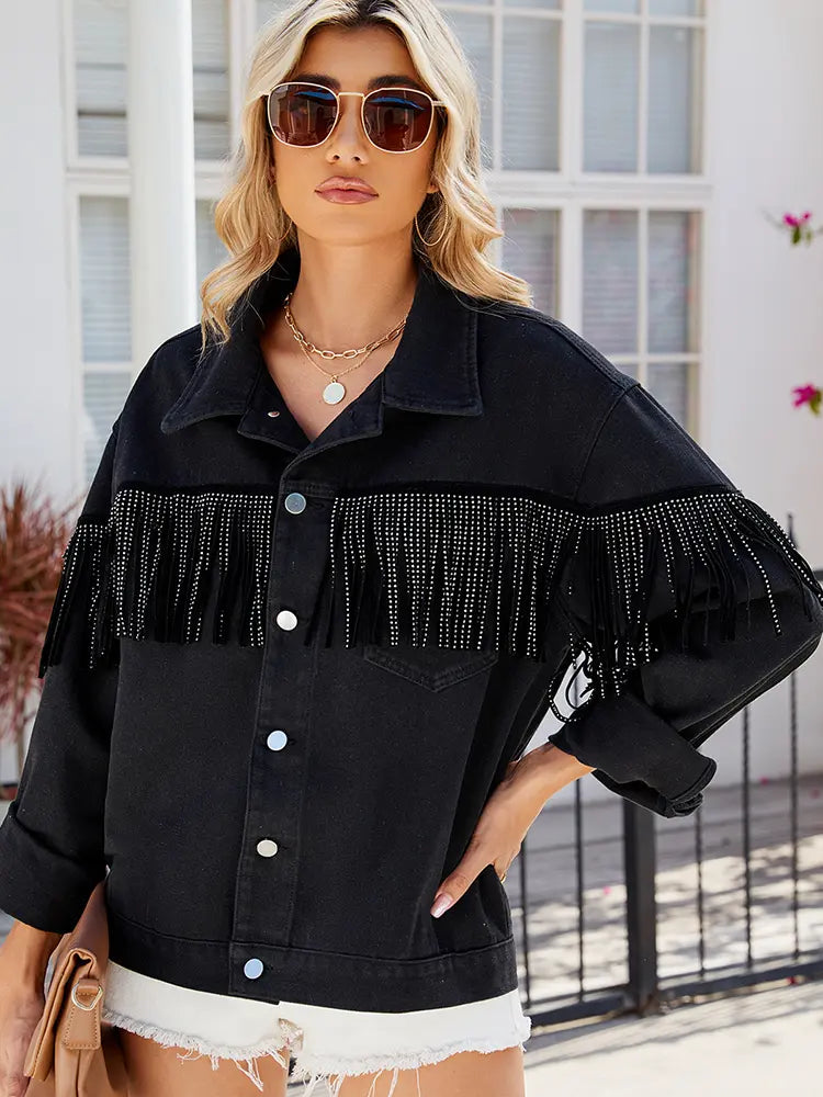 Studded Fringe Black Denim Jacket