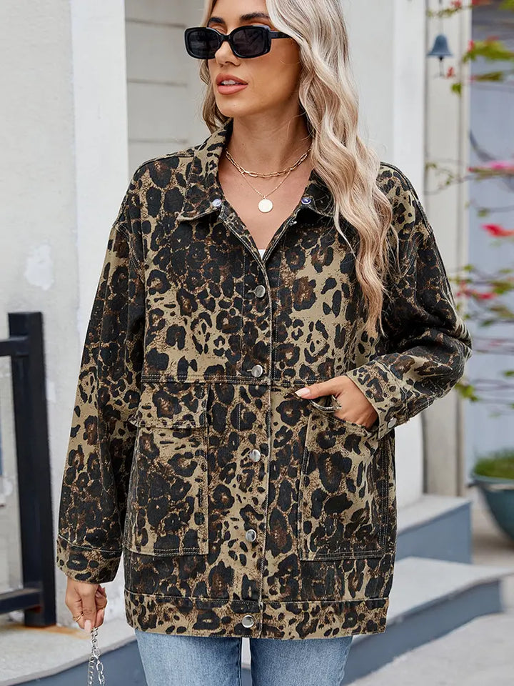 Spring Loose-Fit Leopard Print Denim Jacket