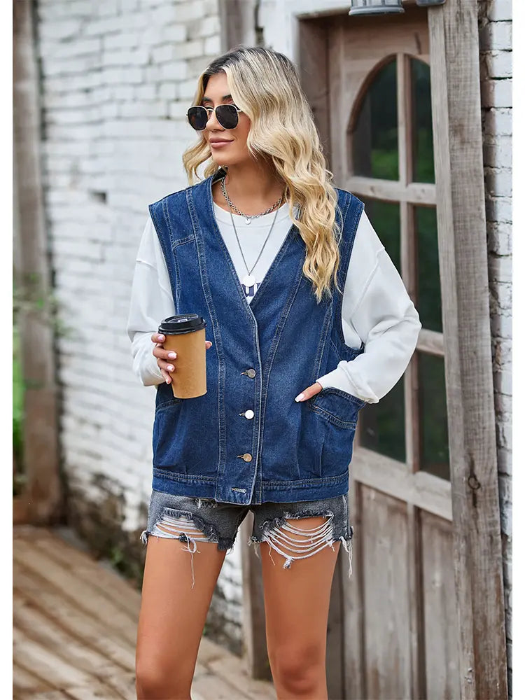 Button-Up Casual Denim Vest Jacket