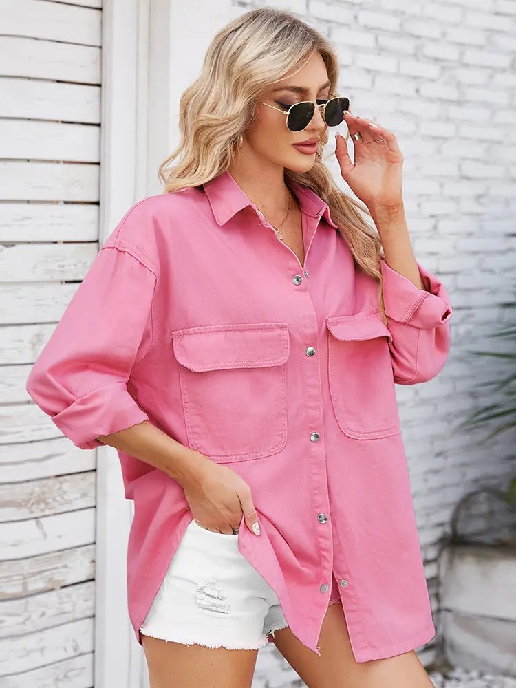 Spring Loose-Fit Long Sleeve Denim Shirt