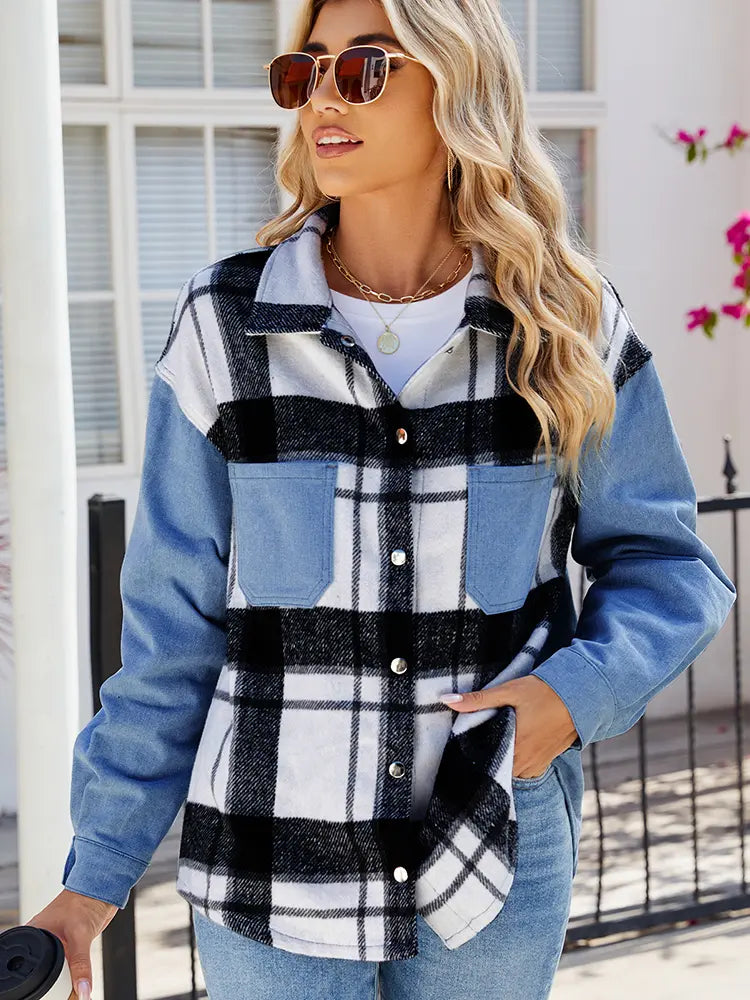 Trendy Washed Plaid Denim Jacket