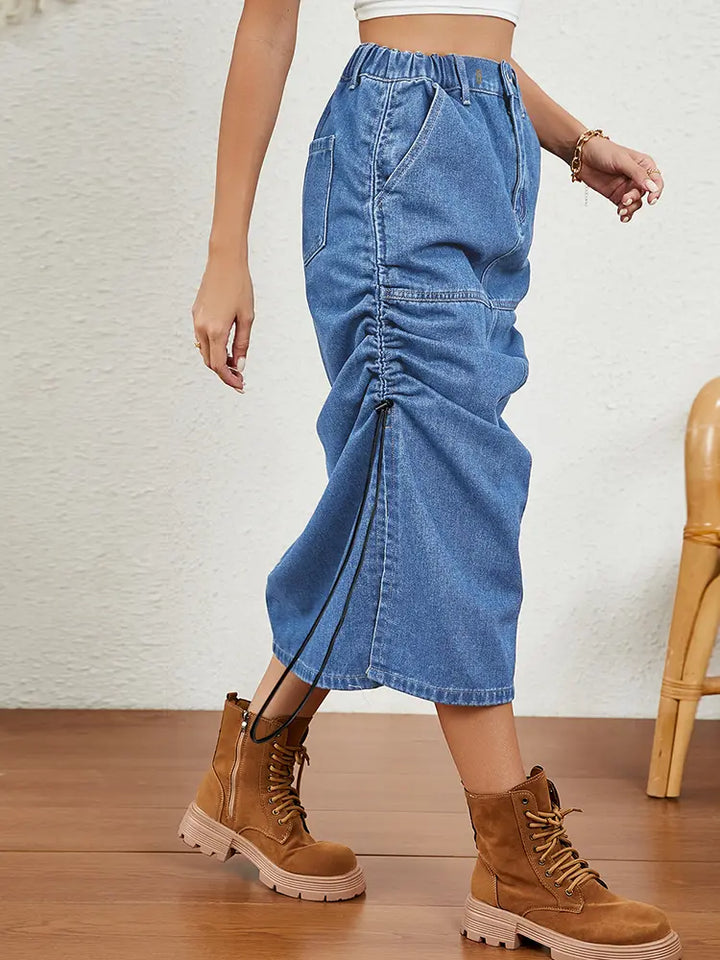 Relaxed Drawstring Denim Midi Skirt