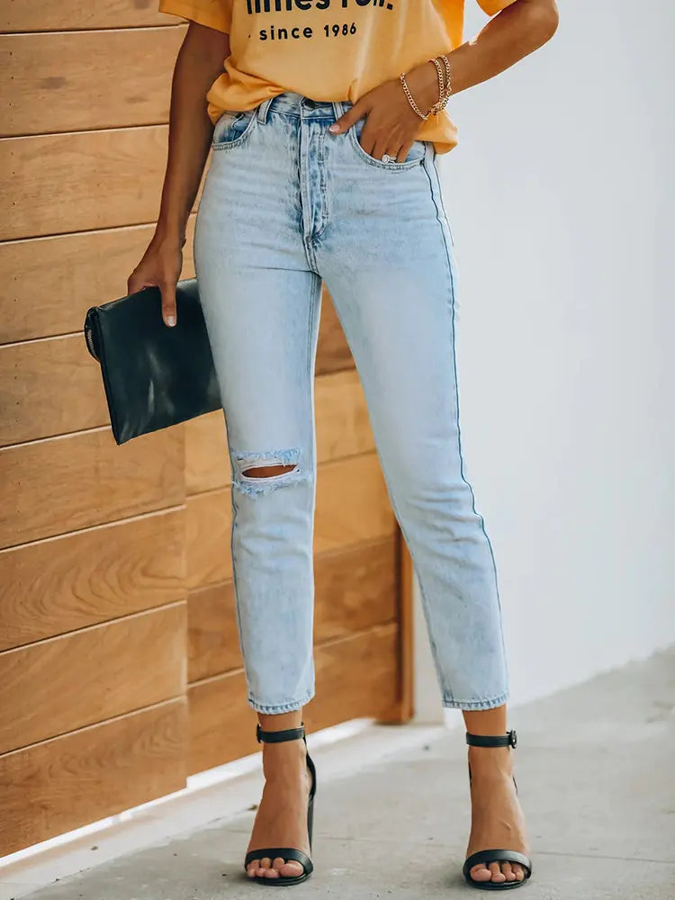 Vintage Ripped Denim Ankle-Length Pants