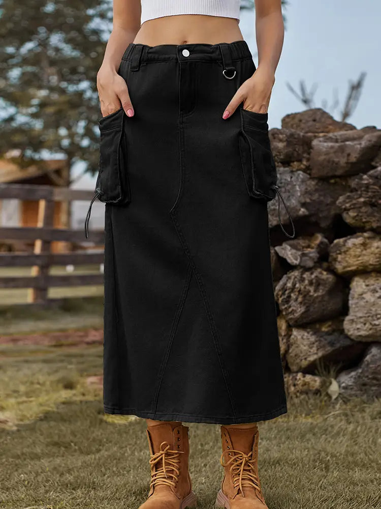 Vintage-Inspired Denim Cargo Midi Skirt