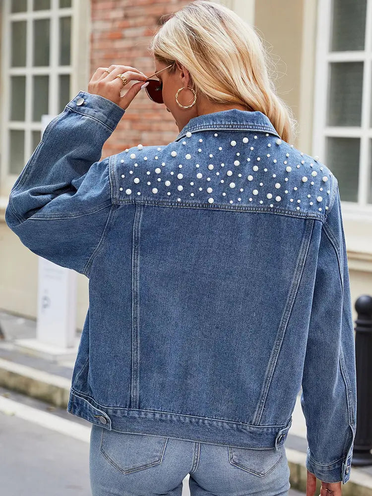 Slim-Fit Pearl-Shoulder Denim Jacket