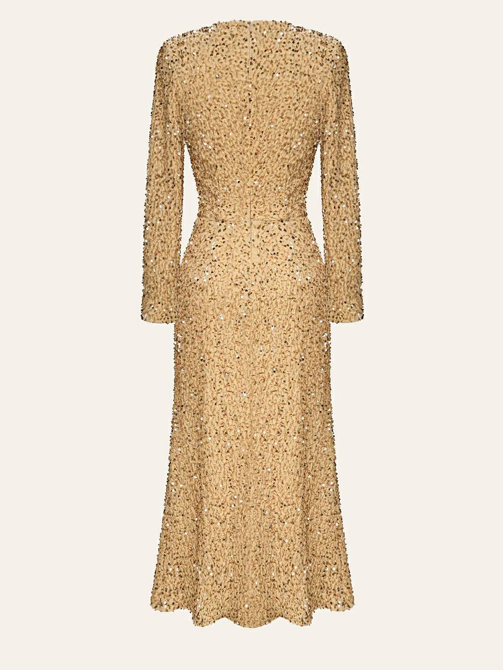 Sequin Decorated Velvet Midi Dress In Beige