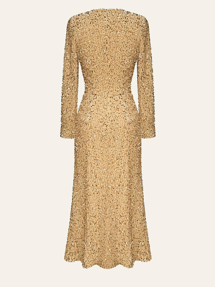 Sequin Decorated Velvet Midi Dress In Beige