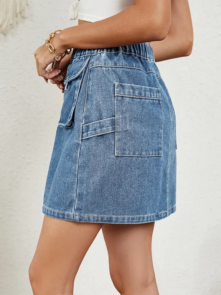 Washed Elastic Waist Denim Skirt