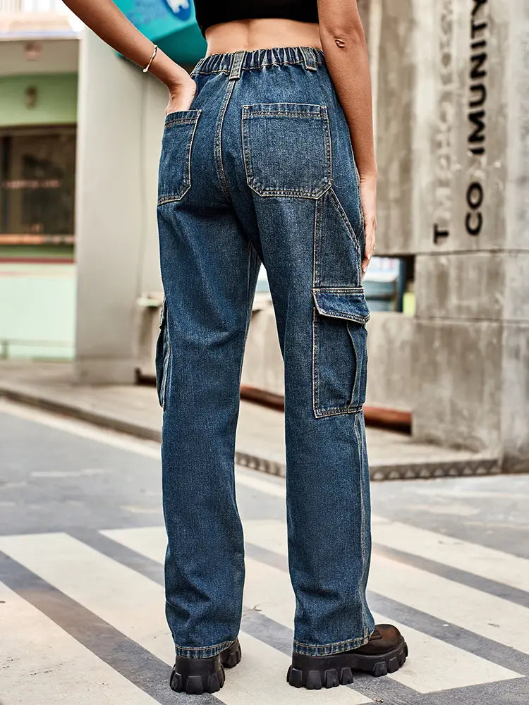 Retro Wash Elastic Waist Denim Utility Pants