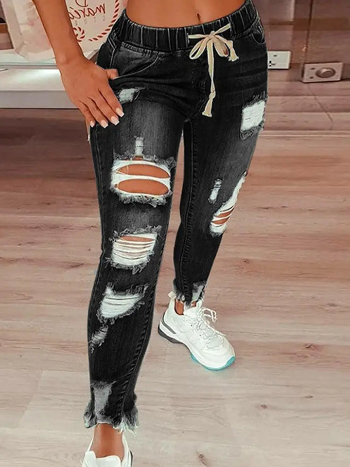 Drawstring Distressed Relaxed-Fit Street Denim Pants