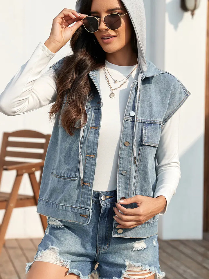 Summer Washed Denim Button-Down Vest