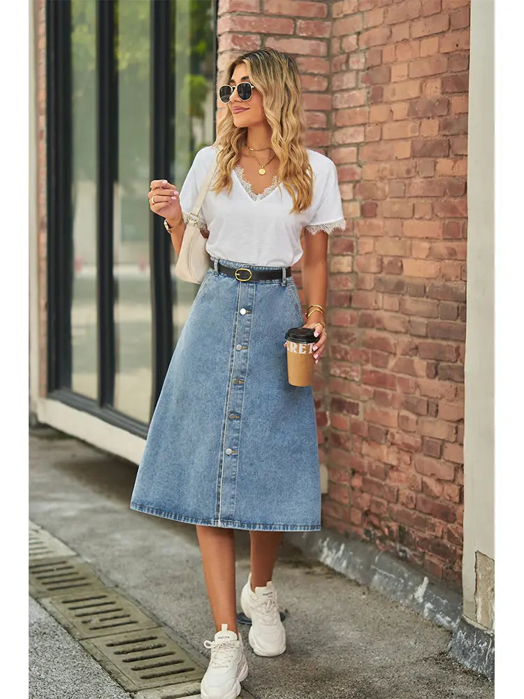 Slimming Washed Denim Button-Down Skirt